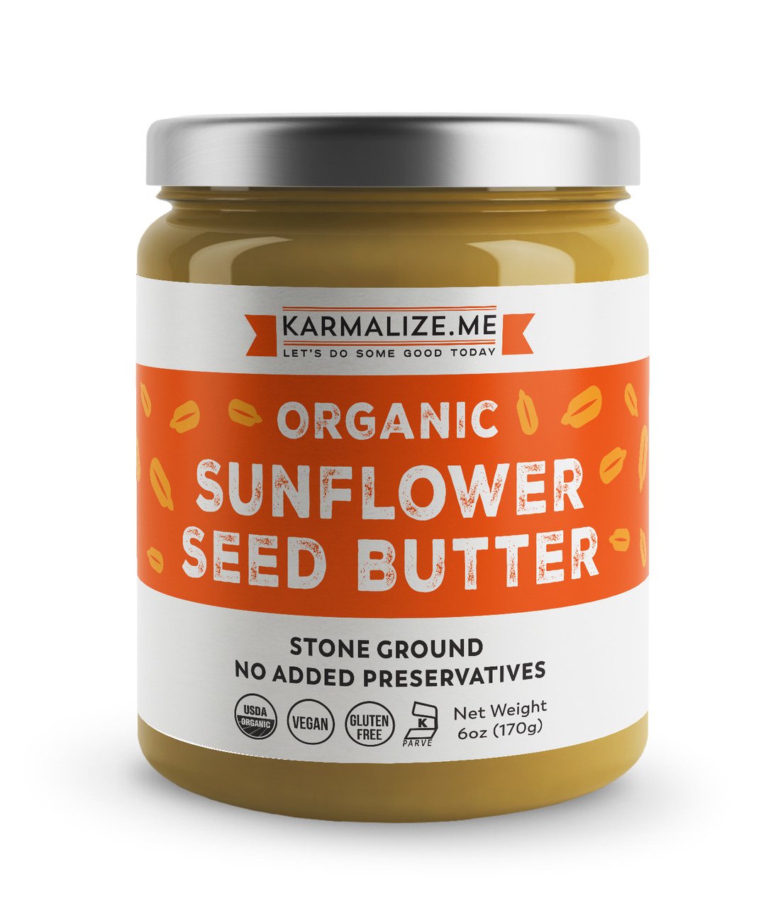 A jar of Organic Sunflower Seed Butter, showcasing its creamy texture and rich color, with a spoon resting beside it.