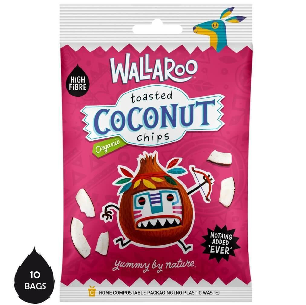 A box of Organic Toasted Coconut Chips with individual 30g bags, showcasing thick cut, crunchy coconut chips.