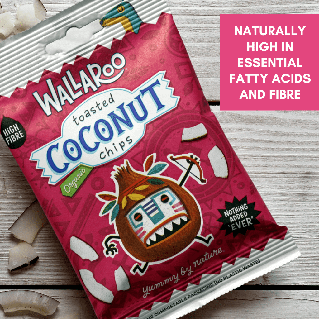A box of Organic Toasted Coconut Chips with individual 30g bags, showcasing thick cut, crunchy coconut chips.