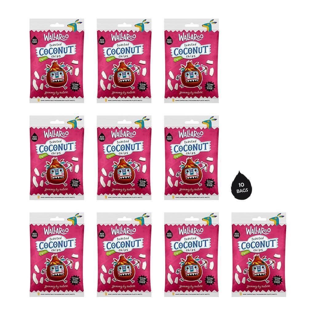 A box of Organic Toasted Coconut Chips with individual 30g bags, showcasing thick cut, crunchy coconut chips.