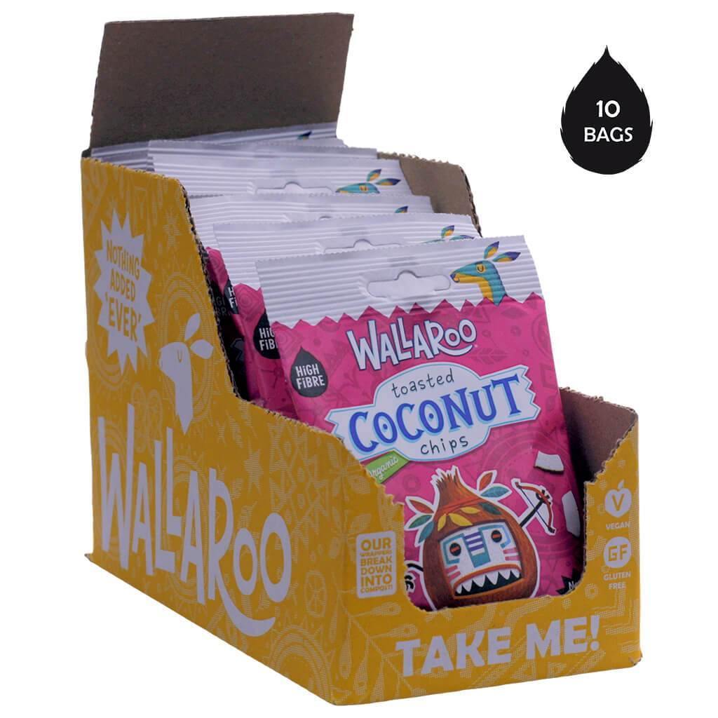 A box of Organic Toasted Coconut Chips with individual 30g bags, showcasing thick cut, crunchy coconut chips.