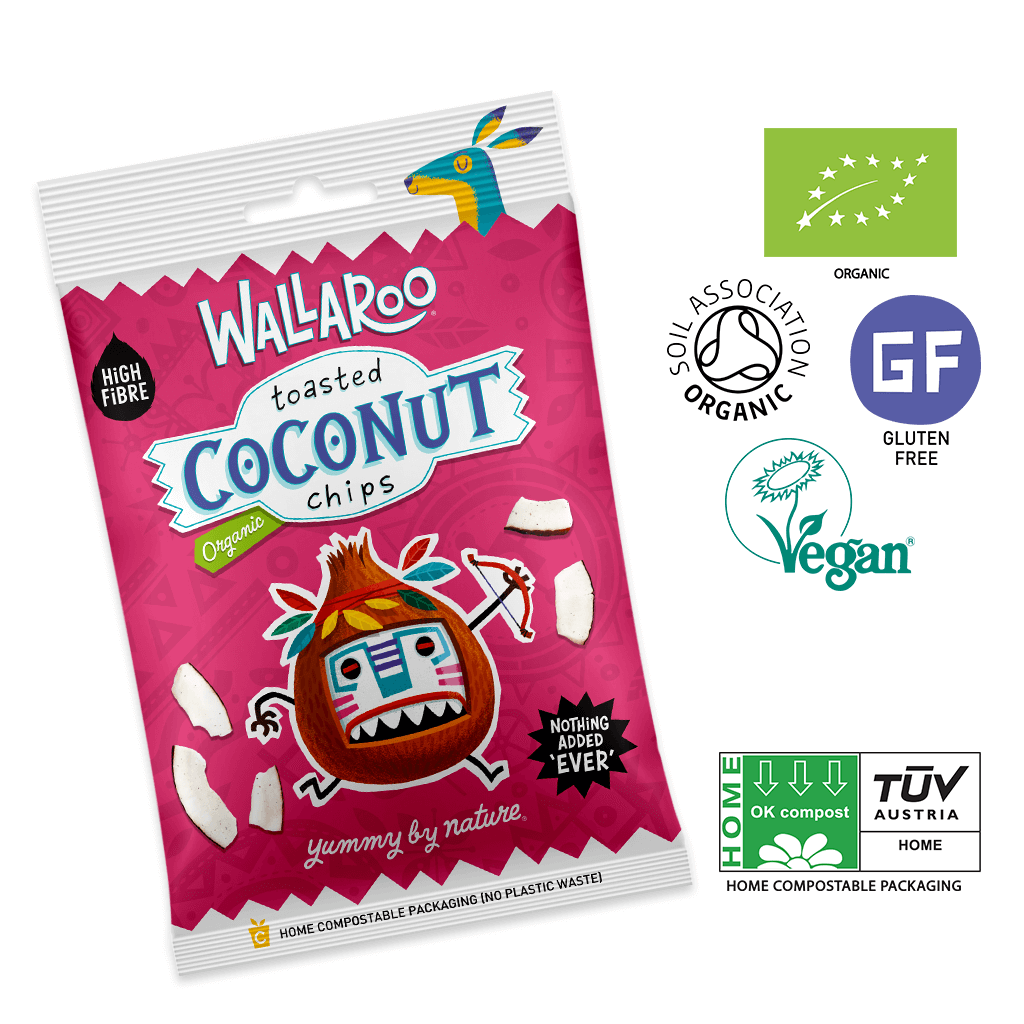 A box of Organic Toasted Coconut Chips with individual 30g bags, showcasing thick cut, crunchy coconut chips.