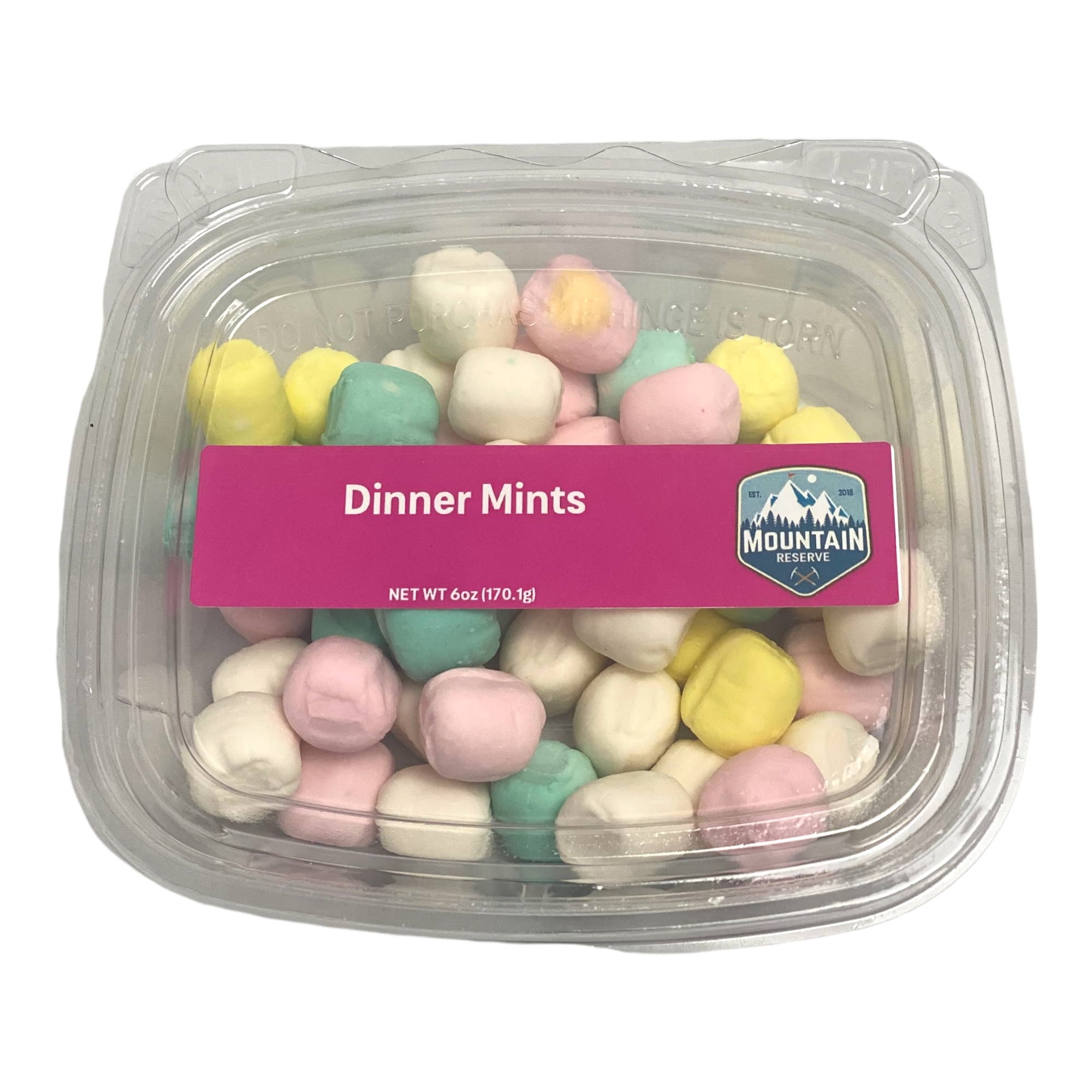 A 6oz container filled with colorful pastel dinner mints, perfect for events and gatherings.