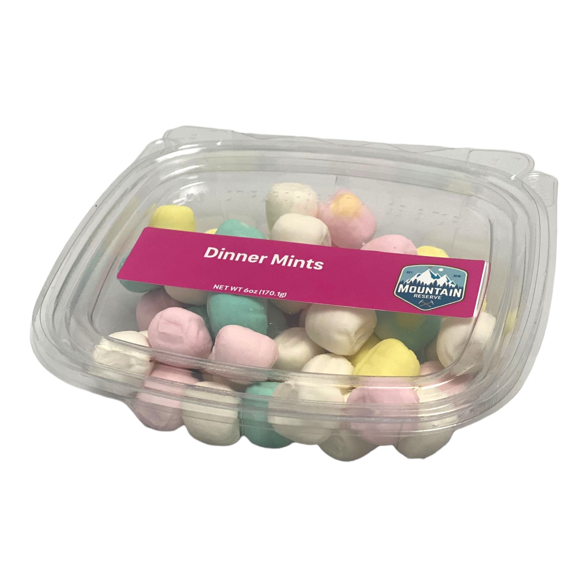 A 6oz container filled with colorful pastel dinner mints, perfect for events and gatherings.