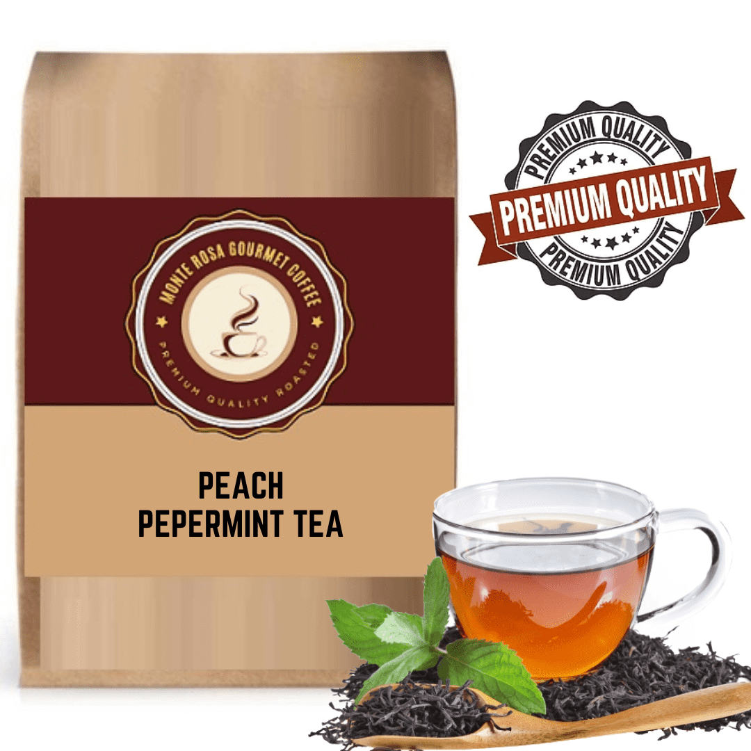 A vibrant cup of Peach Peppermint Flavored Tea with peach slices and peppermint leaves, showcasing its refreshing colors and inviting aroma.