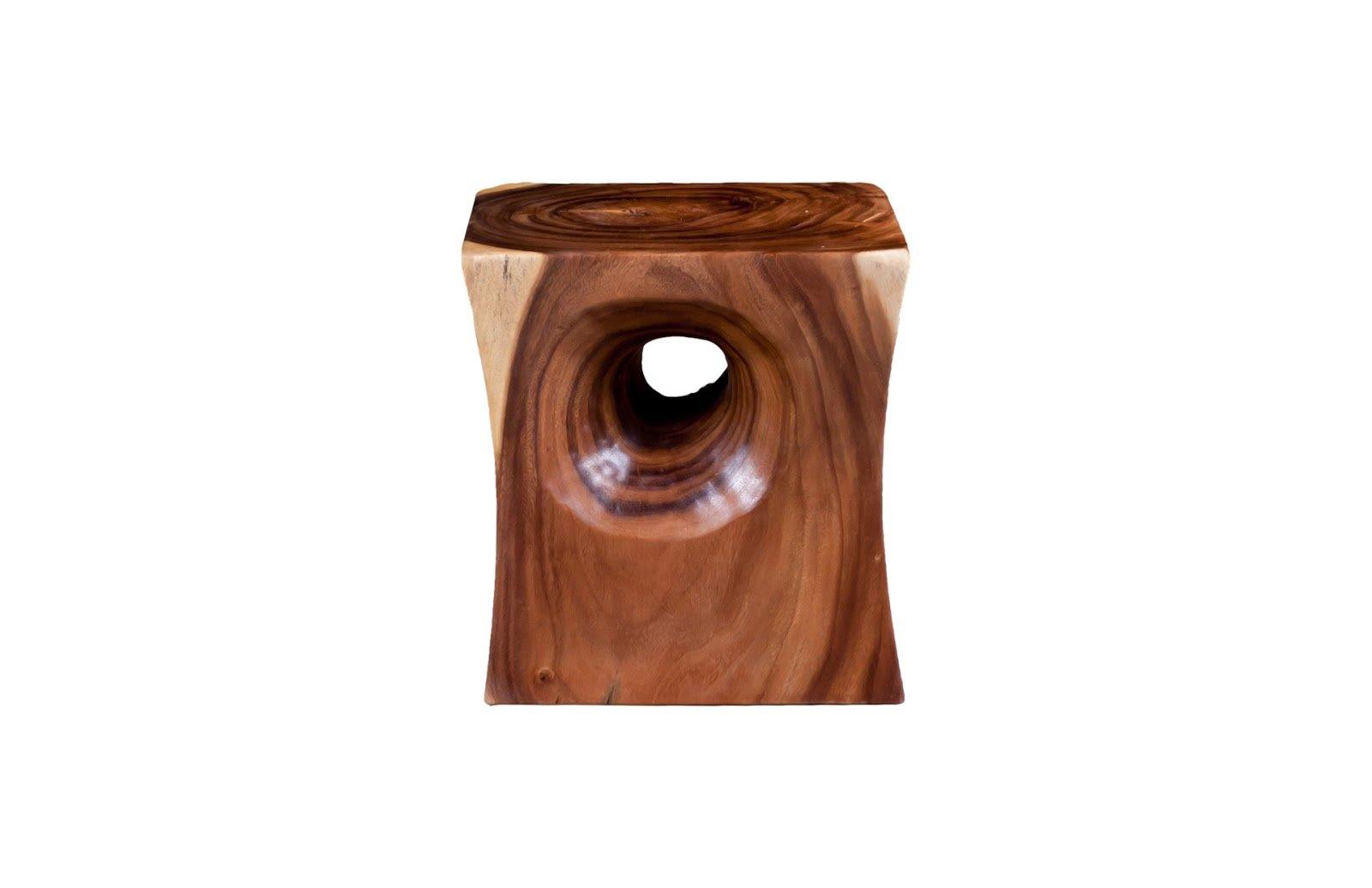Peek a Boo Side Table made of natural chamcha wood with a decorative hole and organic edges, showcasing its unique design and brown finish.