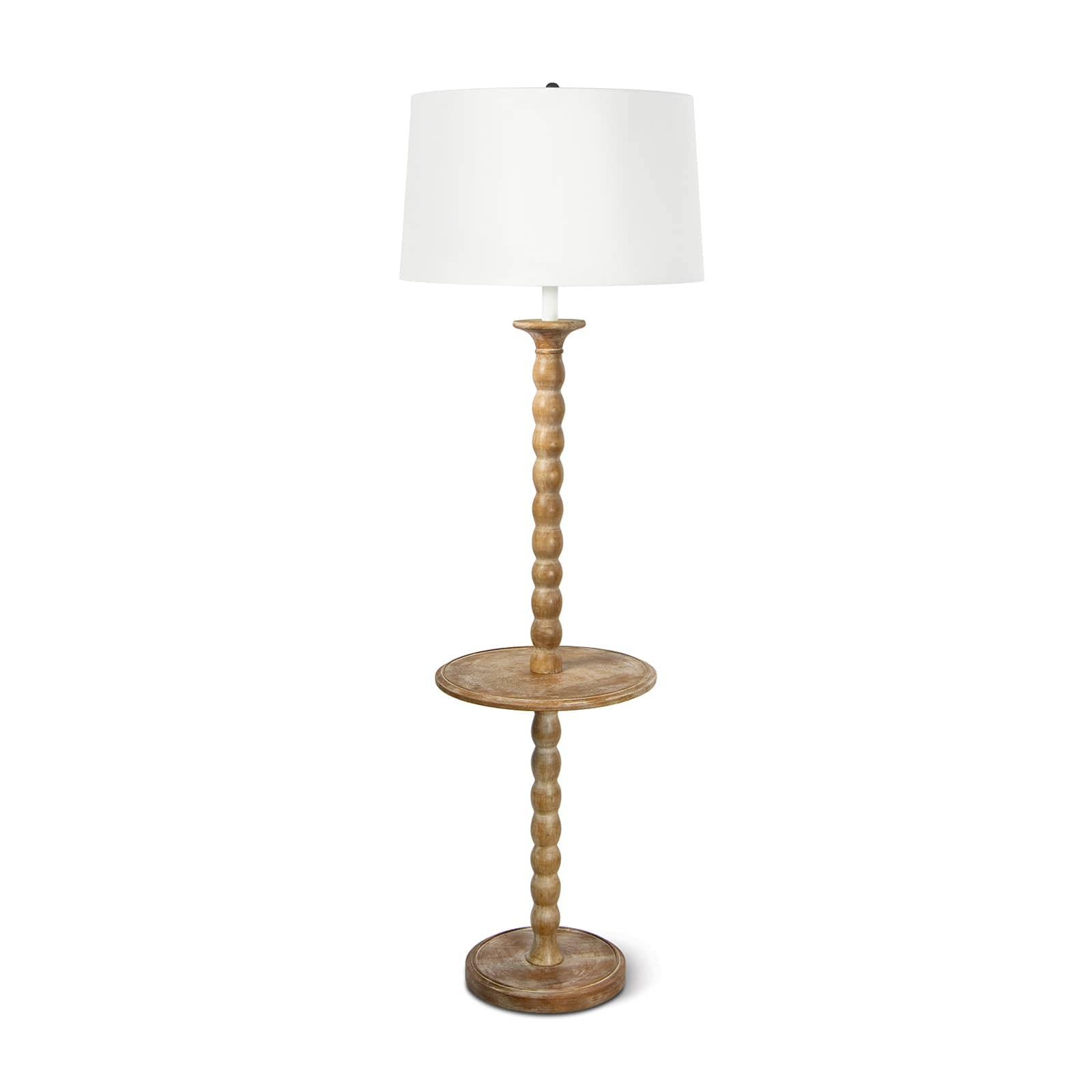 Elegant Perennial Floor Lamp made from solid birch wood with a rustic finish, featuring a functional tabletop and a stylish shade.