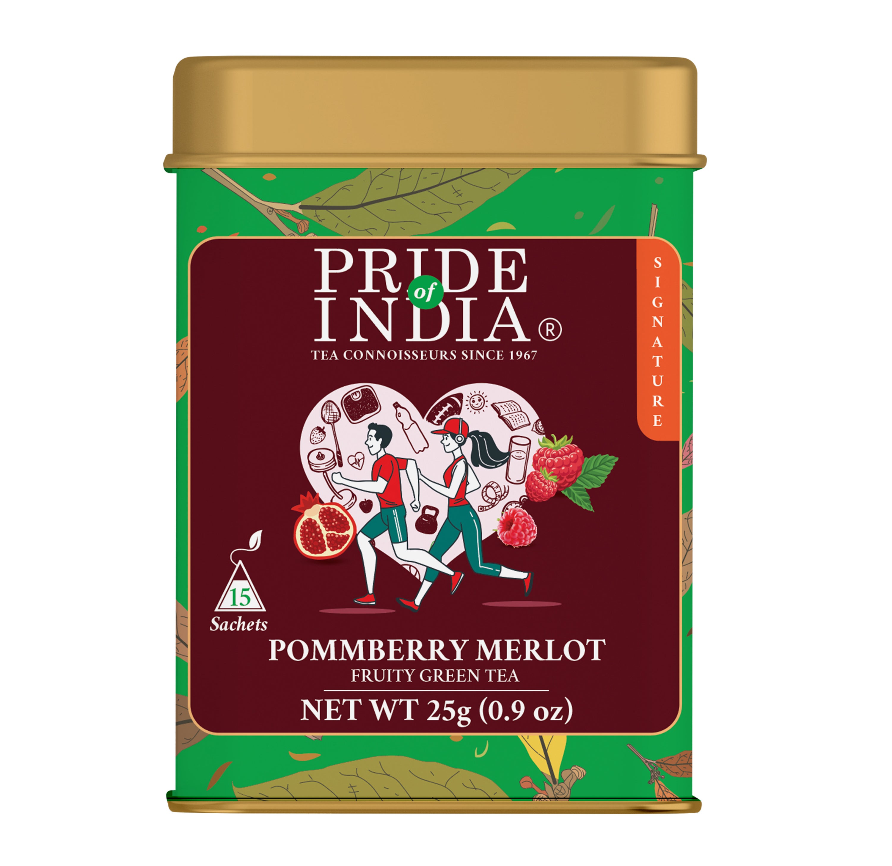 PommBerry Merlot Fruity Green Tea Bags in a box, showcasing organic tea bags with vibrant packaging.