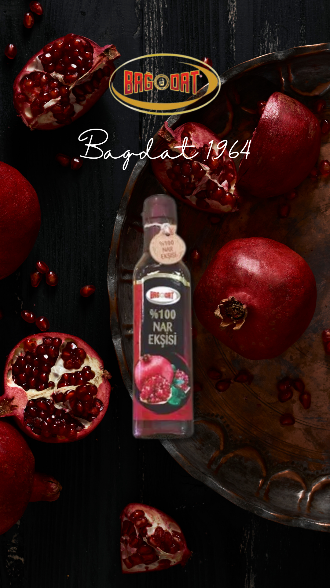 A bottle of 100% pure pomegranate molasses, showcasing its rich, dark syrupy texture, ideal for Mediterranean dishes and dressings.