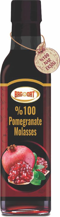 A bottle of 100% pure pomegranate molasses, showcasing its rich, dark syrupy texture, ideal for Mediterranean dishes and dressings.