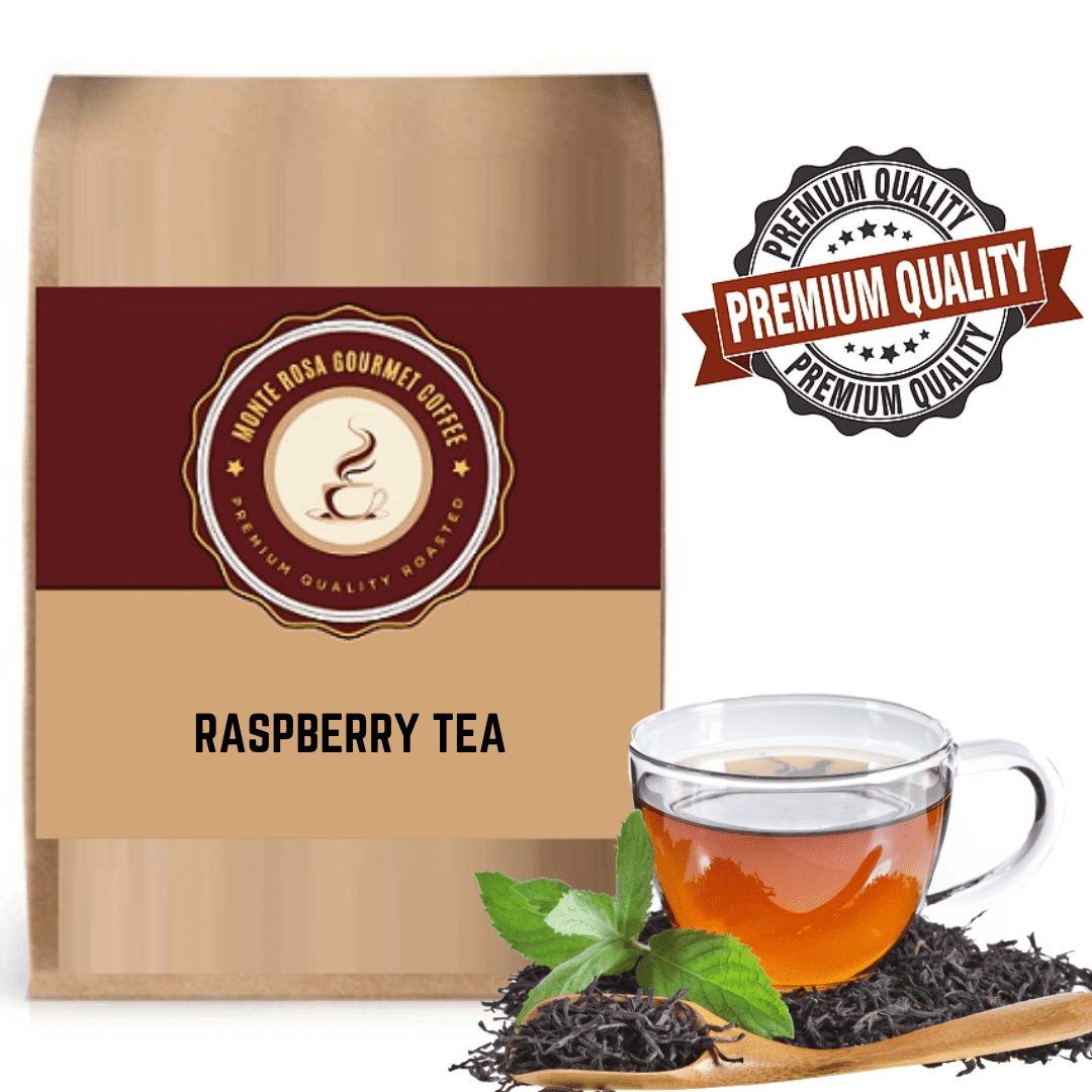 A steaming cup of Raspberry Flavored Tea with vibrant raspberry and calendula petals, showcasing its rich color and inviting aroma.