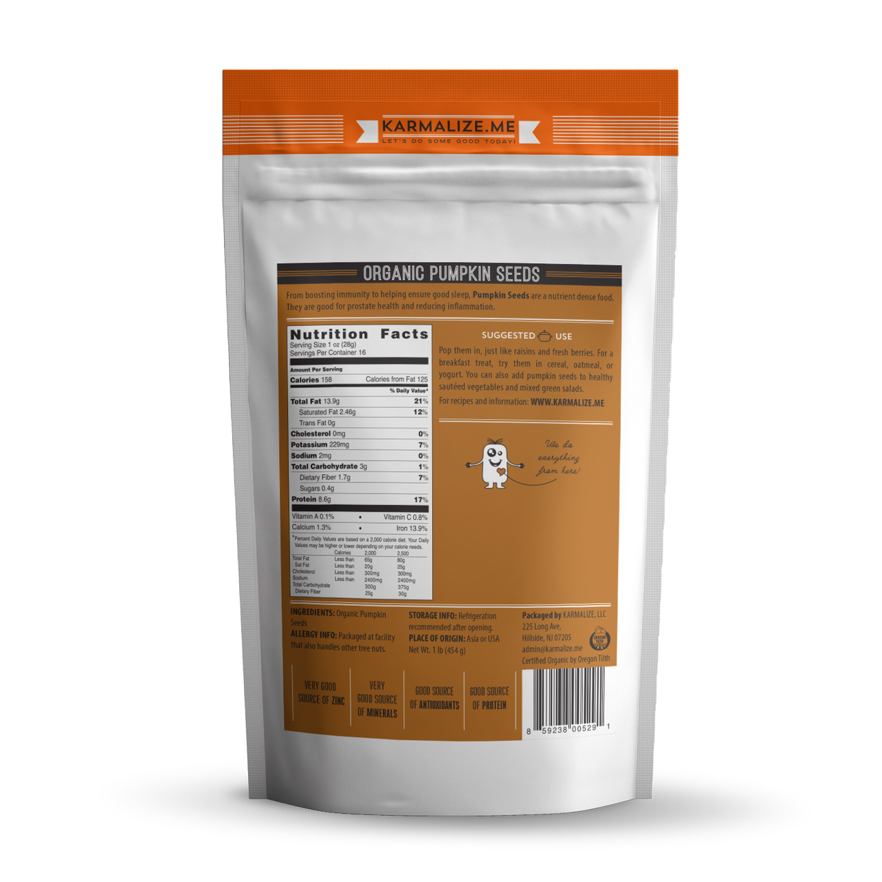 A close-up of raw organic pumpkin seeds (pepitas) in a clear snack pack, showcasing their natural green color and texture.