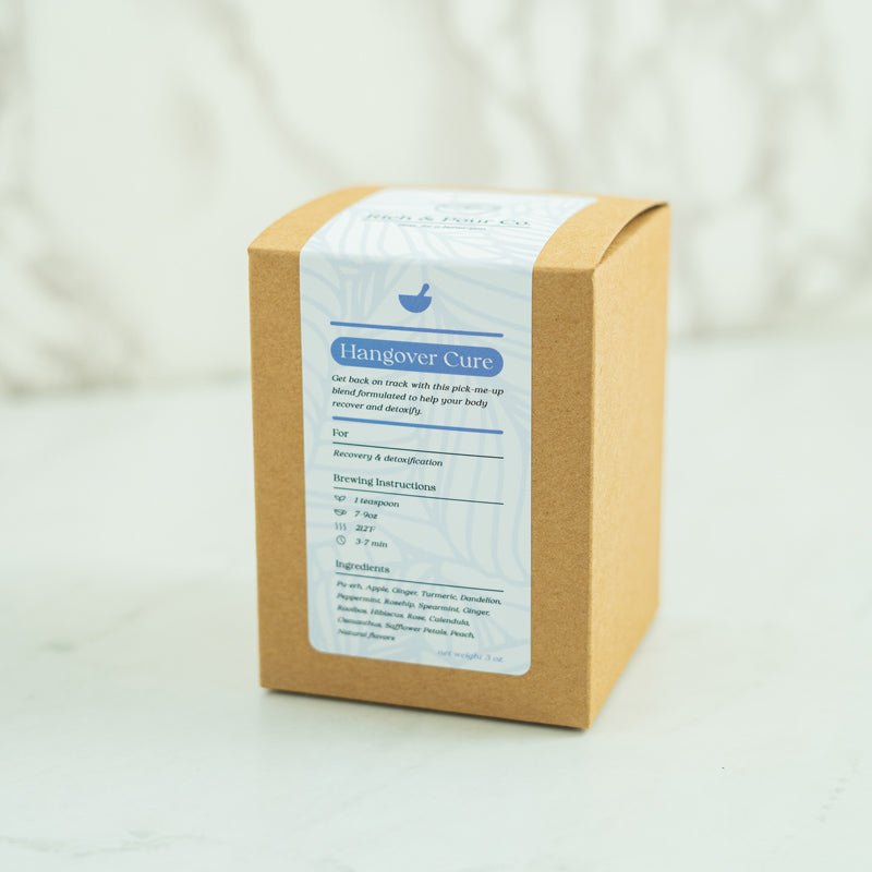 A vibrant package of Recovery: Ginger + Turmeric Pu-erh Blend tea, showcasing its eco-friendly design and colorful ingredients.