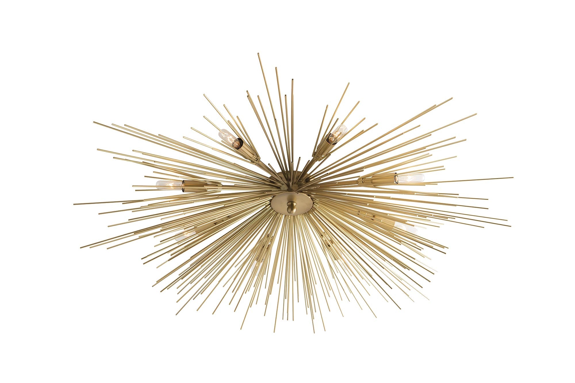 Roxanne Flushmount chandelier in Antique Brass finish, featuring eight lights and a starburst design, ideal for smaller spaces.