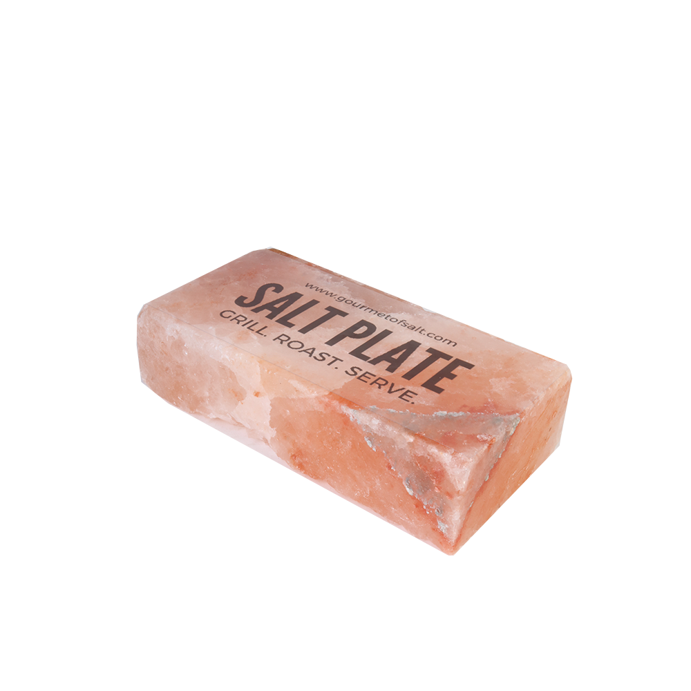 Medium SALT PLATE made of Himalayan pink salt, perfect for grilling and serving various dishes, showcasing unique natural patterns.