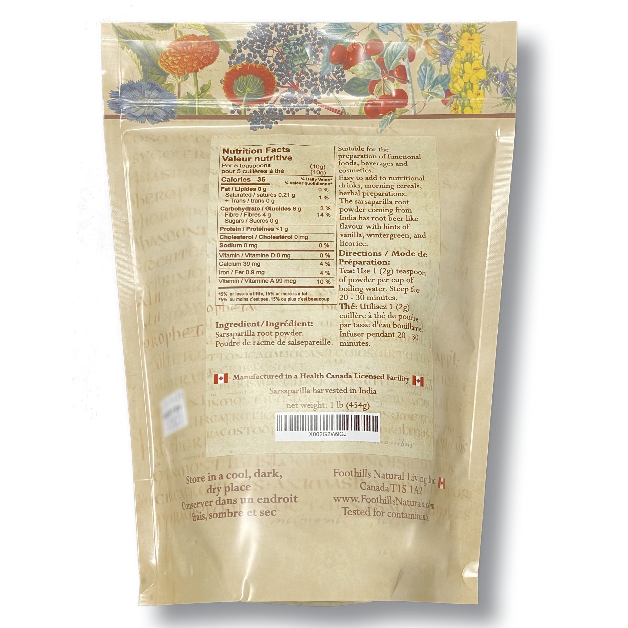 A 1-pound package of Organic Sarsaparilla Root Powder from India, showcasing its fine texture and rich color, ideal for gourmet cooking and brewing.