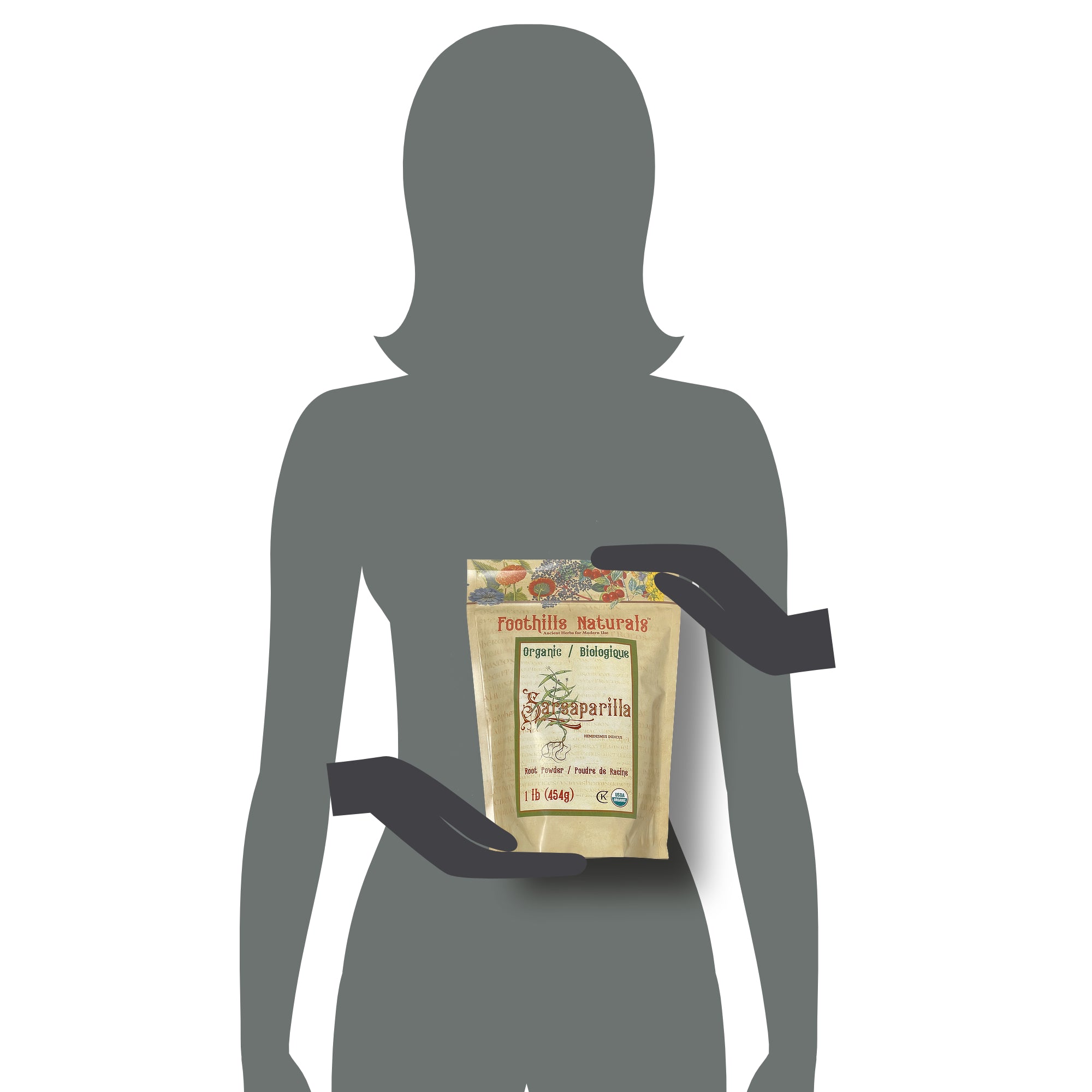 A 1-pound package of Organic Sarsaparilla Root Powder from India, showcasing its fine texture and rich color, ideal for gourmet cooking and brewing.