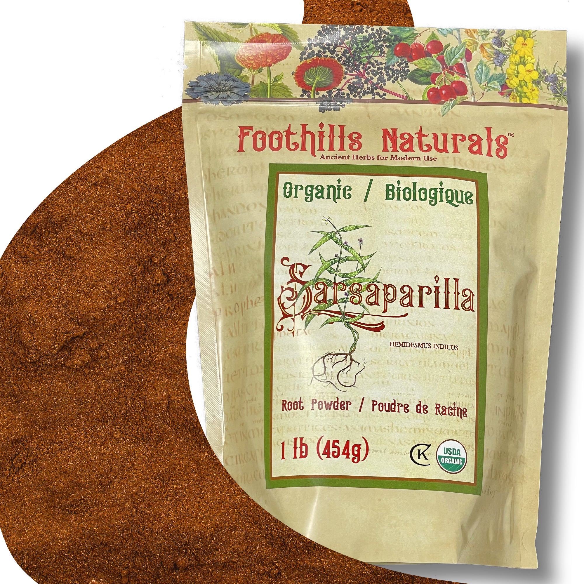 A 1-pound package of Organic Sarsaparilla Root Powder from India, showcasing its fine texture and rich color, ideal for gourmet cooking and brewing.