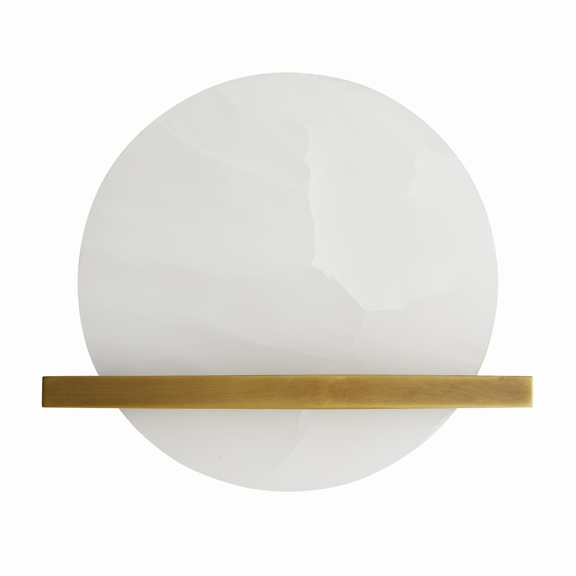 Savian Sconce featuring polished white onyx and antique brass frame, illuminating a stylish interior space.