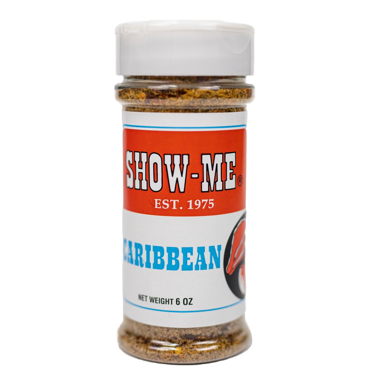 Show-Me® Caribbean seasoning bottle with vibrant tropical design, showcasing its aromatic blend for chicken and seafood.