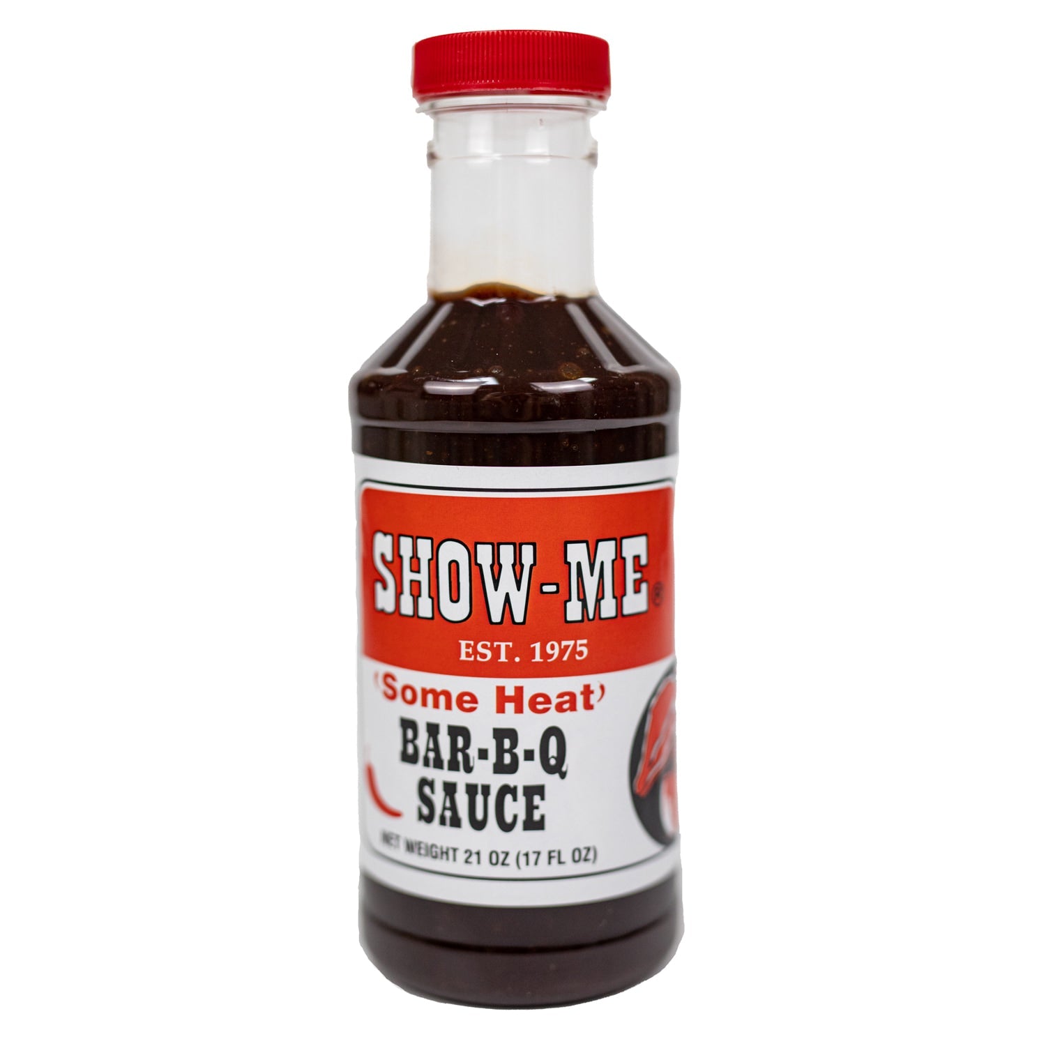 Show-Me® Some Heat Pint showcasing its vibrant label and rich contents, perfect for adding flavor to meals.