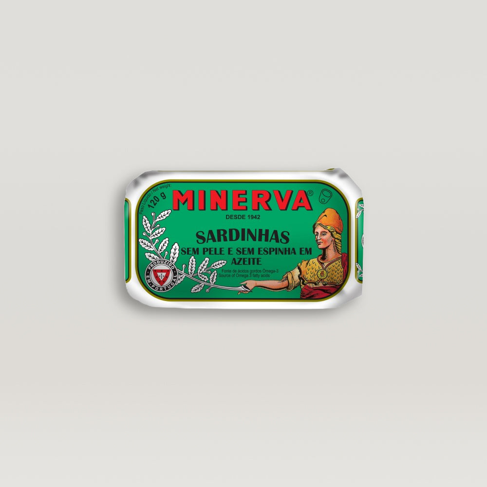 A can of skinless and boneless sardines in olive oil, showcasing the rich texture and quality of the fish.