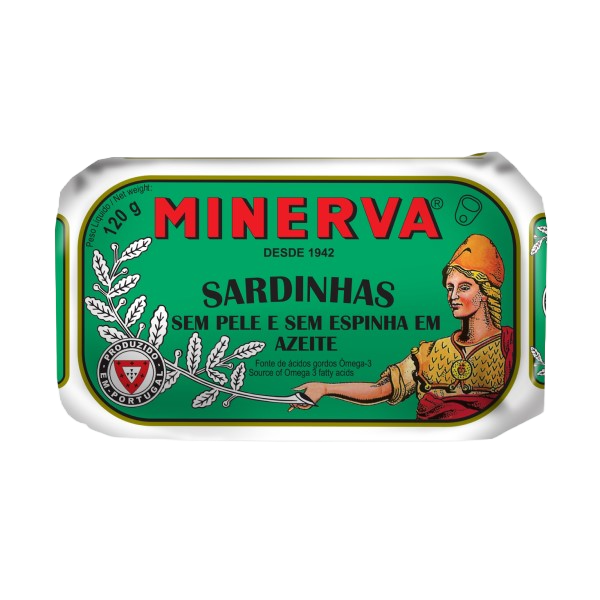 A can of skinless and boneless sardines in olive oil, showcasing the rich texture and quality of the fish.