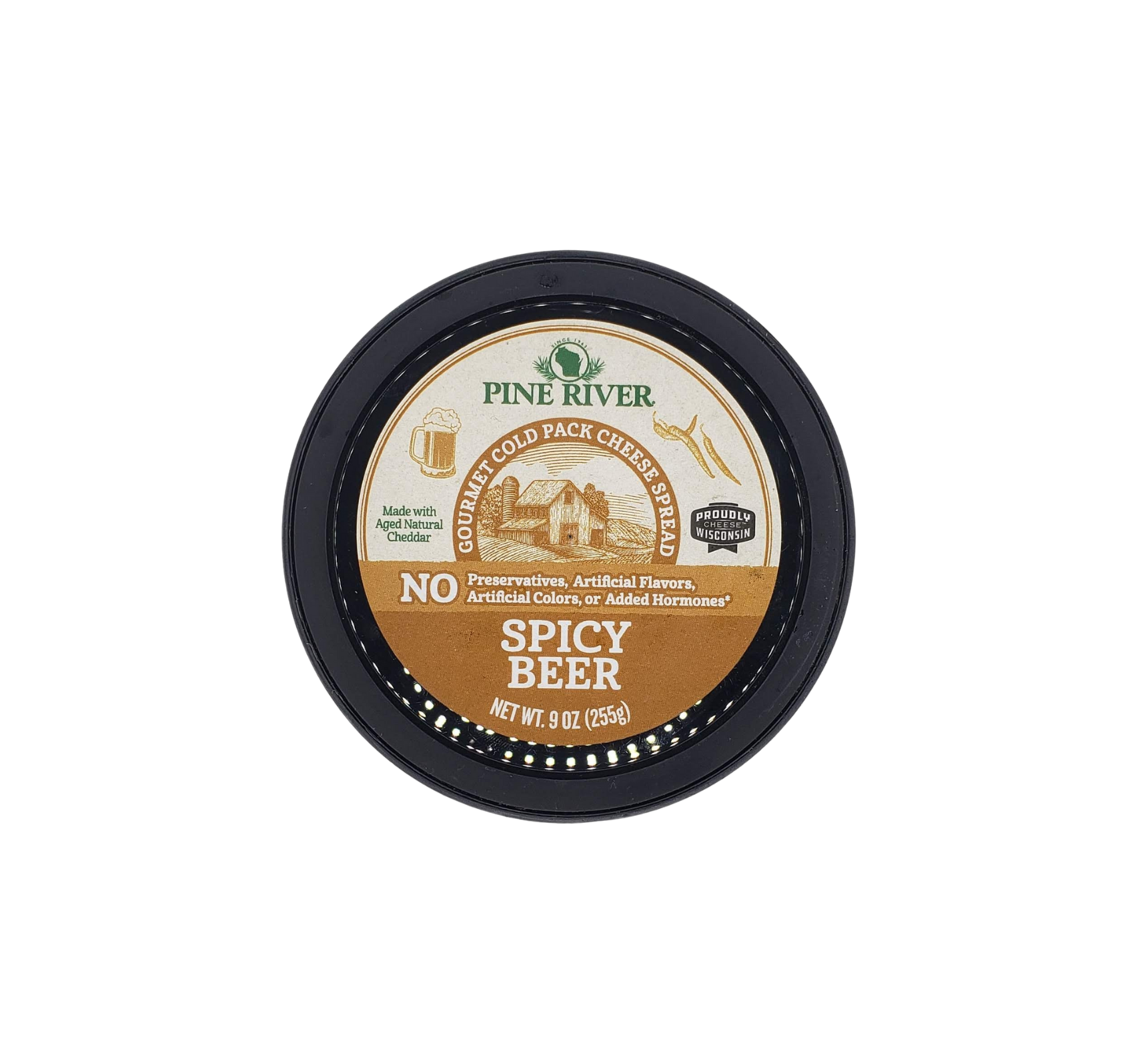 A jar of Spicy Beer Cheese Spread featuring aged cheddar, cayenne pepper, and garlic, perfect for snacking or cooking.