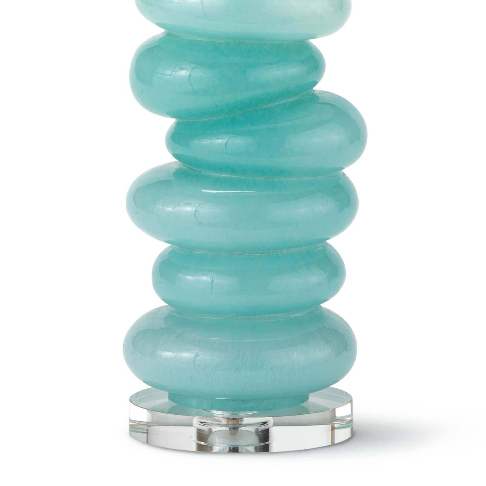 Aqua glass table lamp designed to resemble stacked pebbles, featuring a crystal base and finial, perfect for adding elegance to any room.