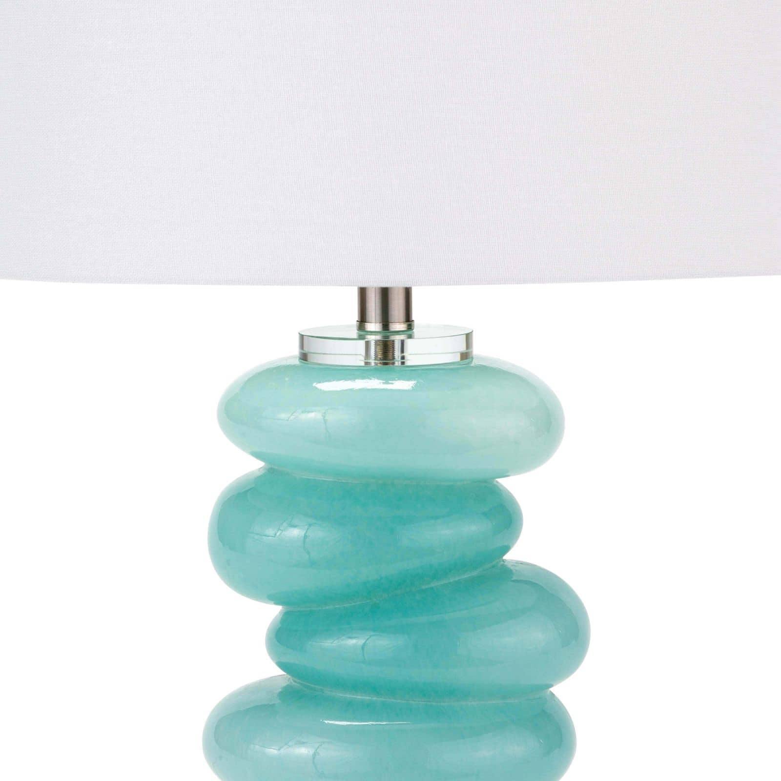 Aqua glass table lamp designed to resemble stacked pebbles, featuring a crystal base and finial, perfect for adding elegance to any room.