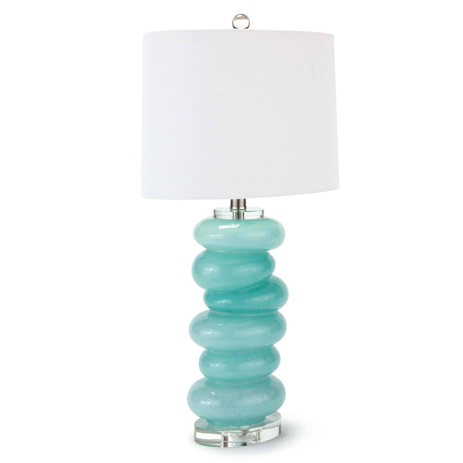 Aqua glass table lamp designed to resemble stacked pebbles, featuring a crystal base and finial, perfect for adding elegance to any room.