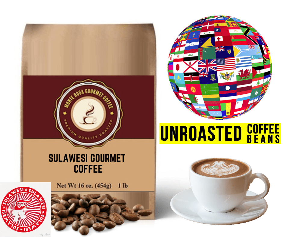 A bag of Sulawesi Gourmet Coffee showcasing its rich, unroasted beans with a vibrant design, highlighting its Indonesian origin.