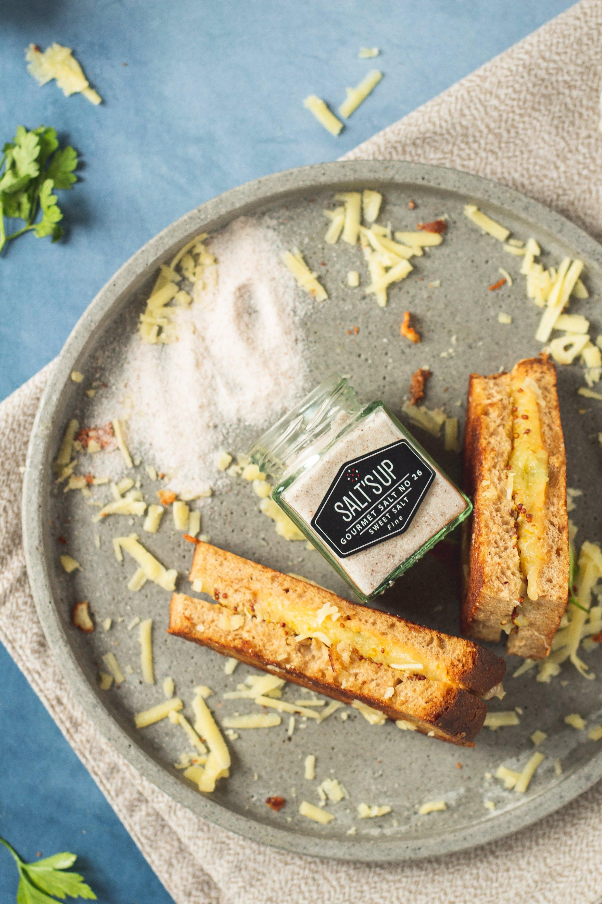 Grilled cheese sandwich with salt.