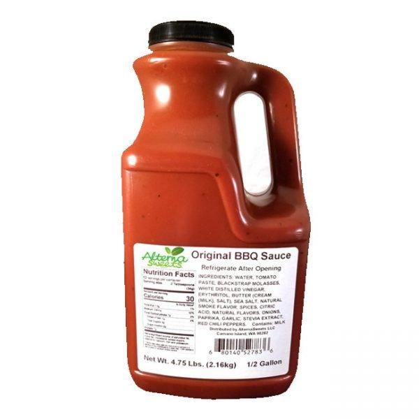 A 64oz bottle of Sweet & Smokey BBQ Sauce, showcasing its rich color and label design, perfect for grilling and marinating.