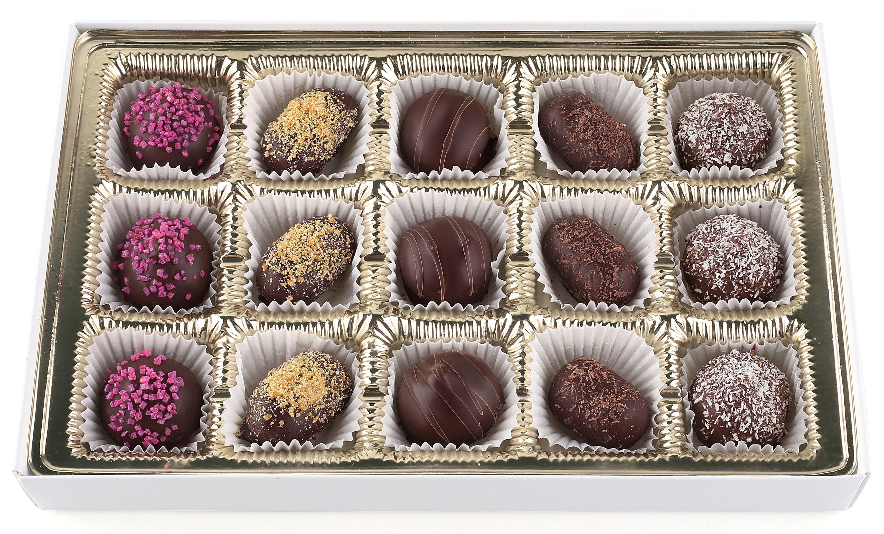 A beautifully arranged Holiday Chocolate Box containing 15 Dairy-Free Chocolate Bonbons in various flavors.