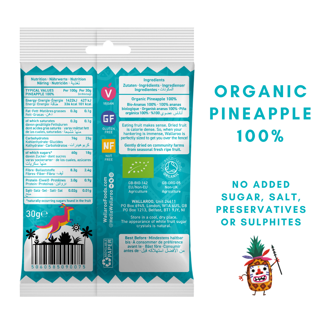 A vibrant display of organic dried pineapple chunks in three bags, showcasing their natural sweetness and tropical appeal.