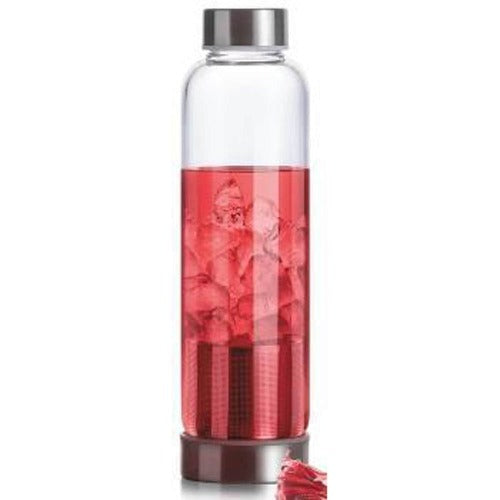 Kettlery iced tea infuser bottle with tea leaves and ice cubes, showcasing its elegant design and functionality.