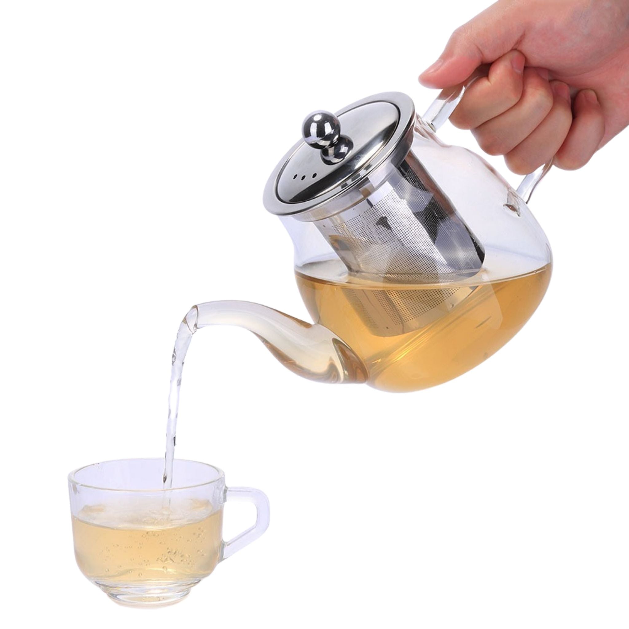 Elegant borosilicate glass teapot with stainless steel infuser, perfect for brewing loose leaf tea.