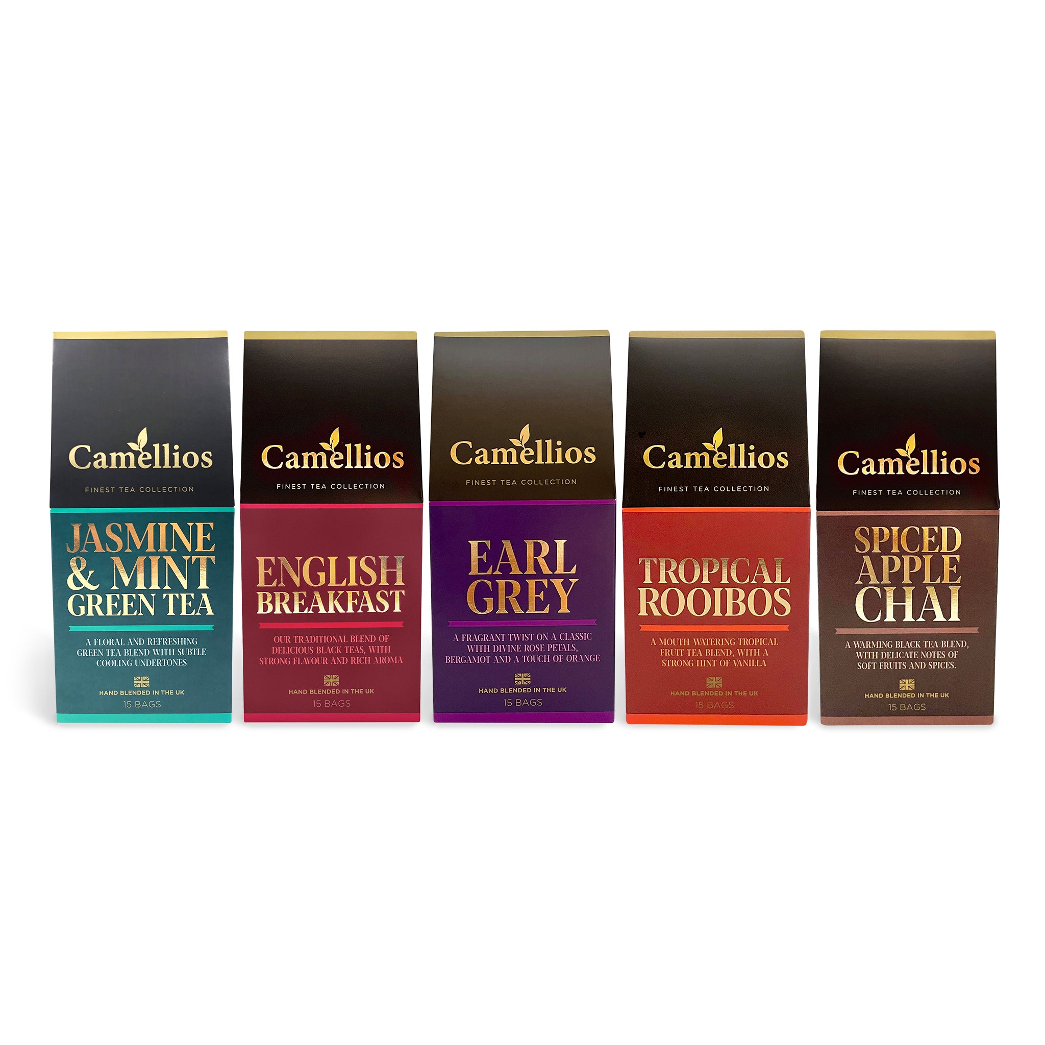 A beautifully arranged selection of The Finest Tea Collection featuring five premium tea blends in biodegradable pyramid tea bags.