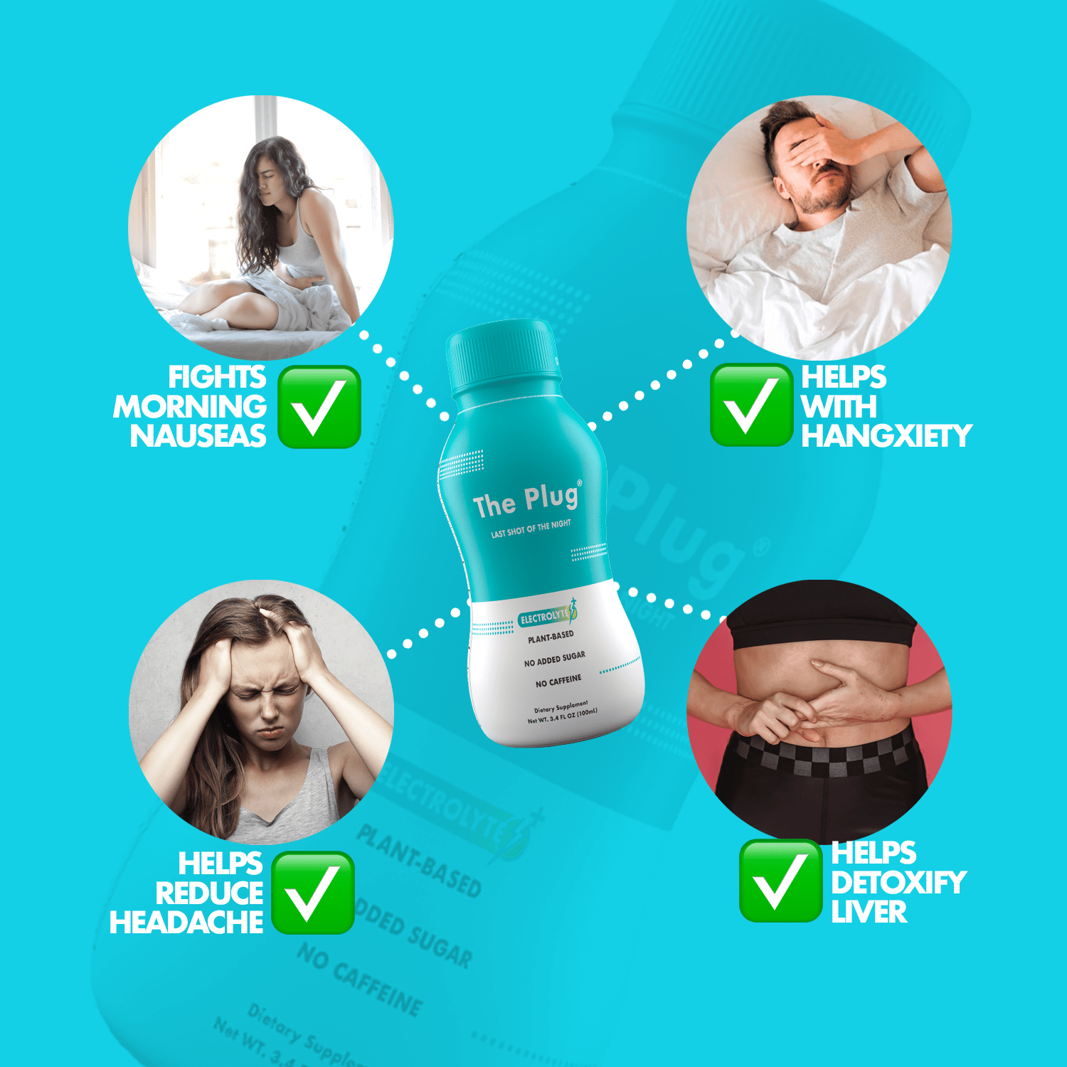 A refreshing bottle of The Plug Drink showcasing its vibrant plant-based ingredients and pure bedrock water.