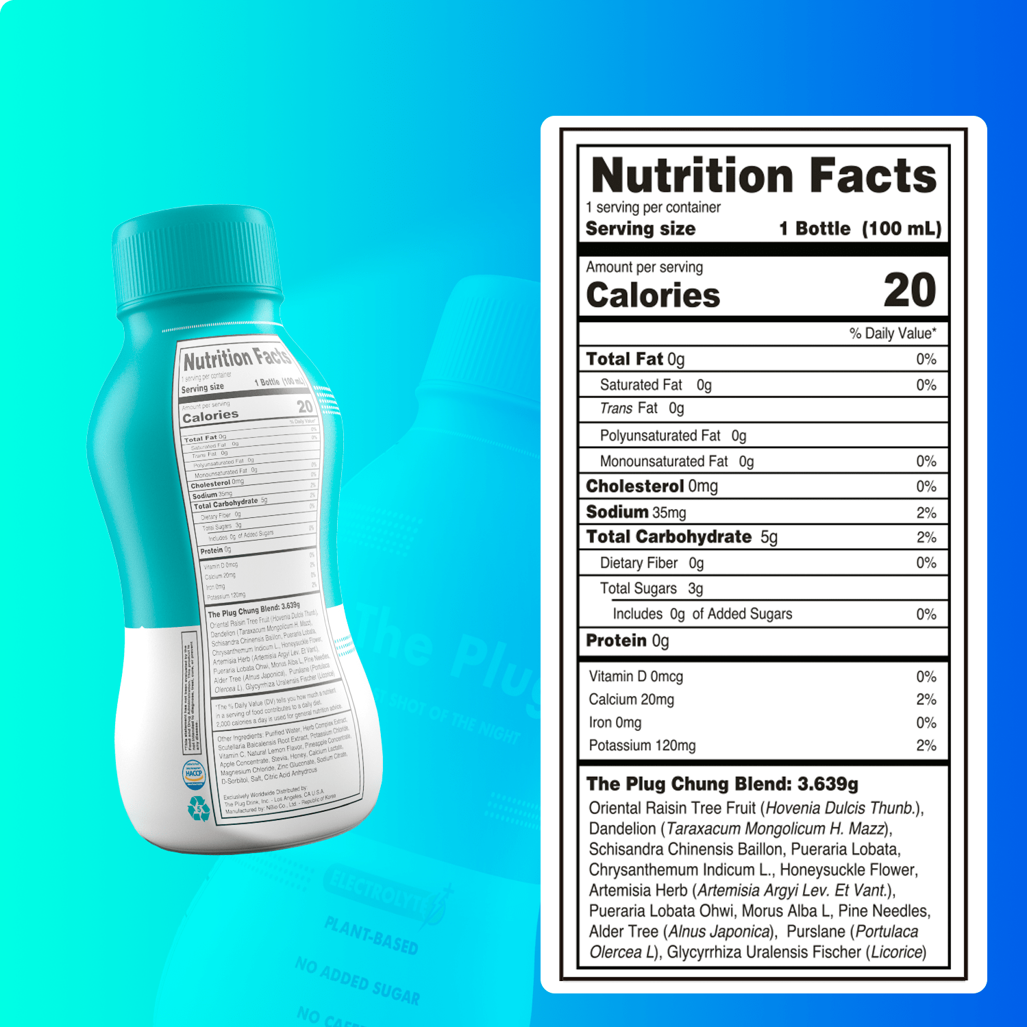 A refreshing bottle of The Plug Drink showcasing its vibrant plant-based ingredients and pure bedrock water.