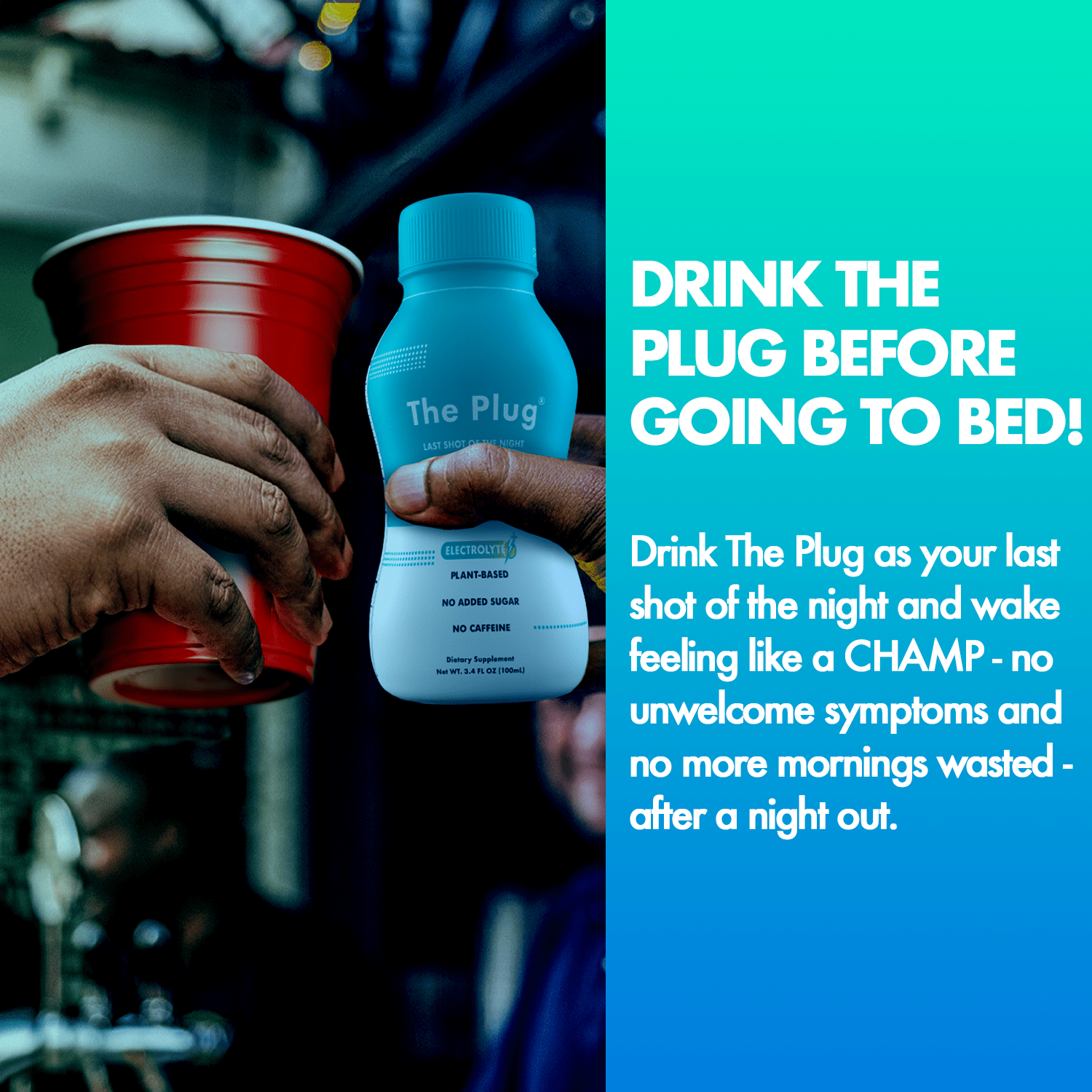 A refreshing bottle of The Plug Drink showcasing its vibrant plant-based ingredients and pure bedrock water.