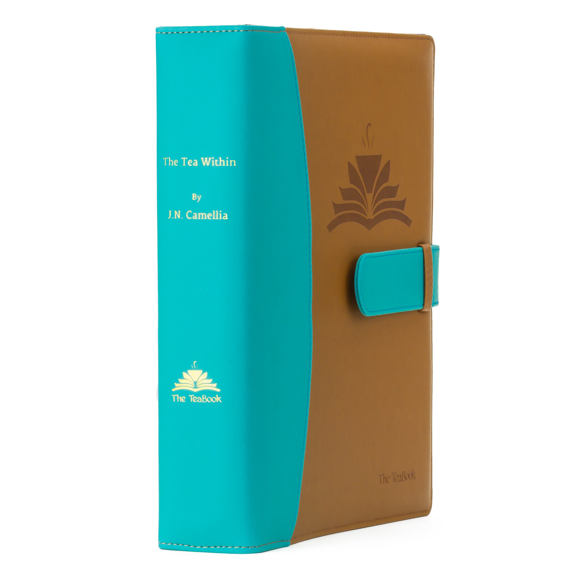 The TeaBook, a stylish tea storage organizer, showcasing its capacity to hold 144 teabags in a chic design.