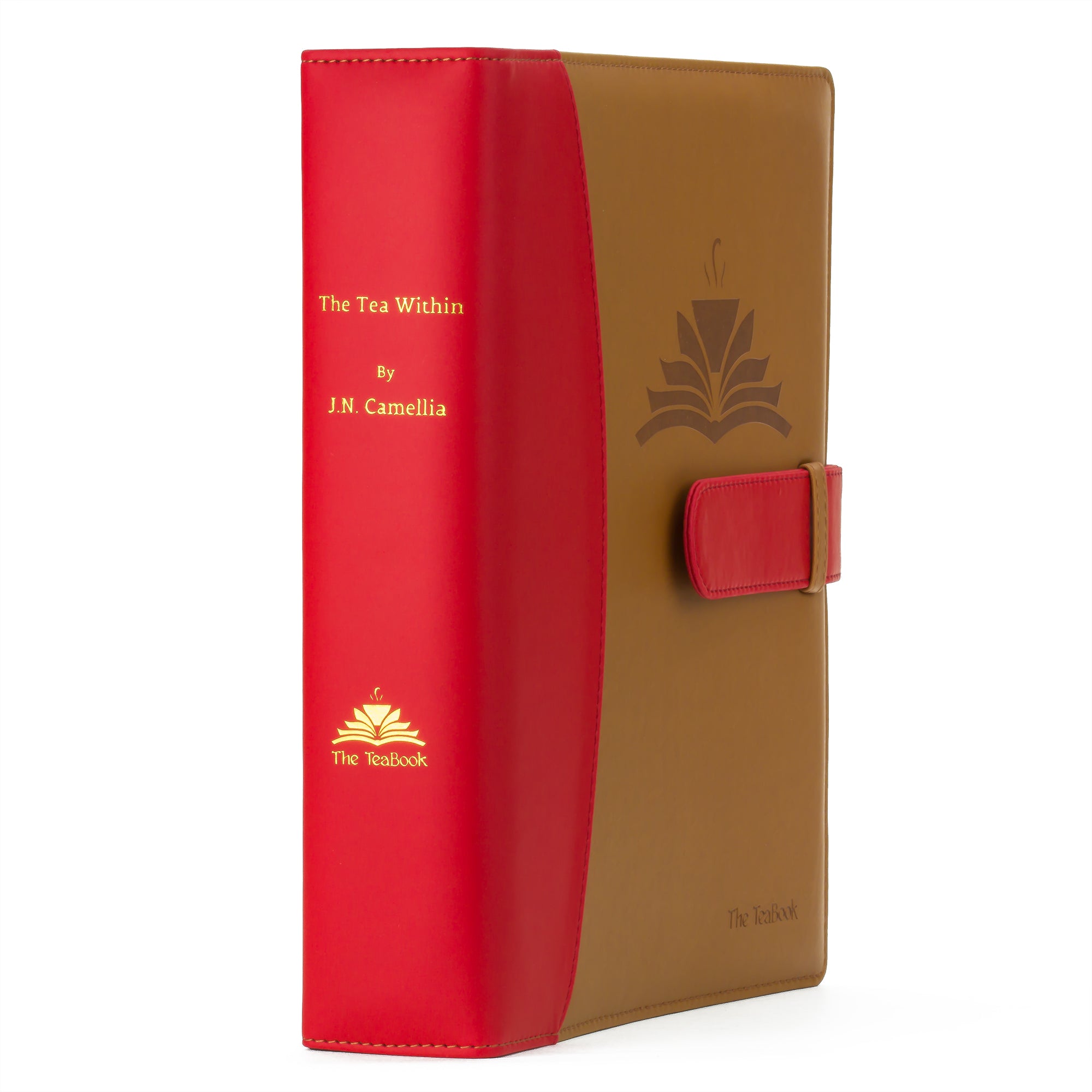 The TeaBook, a stylish tea storage organizer, showcasing its capacity to hold 144 teabags in a chic design.