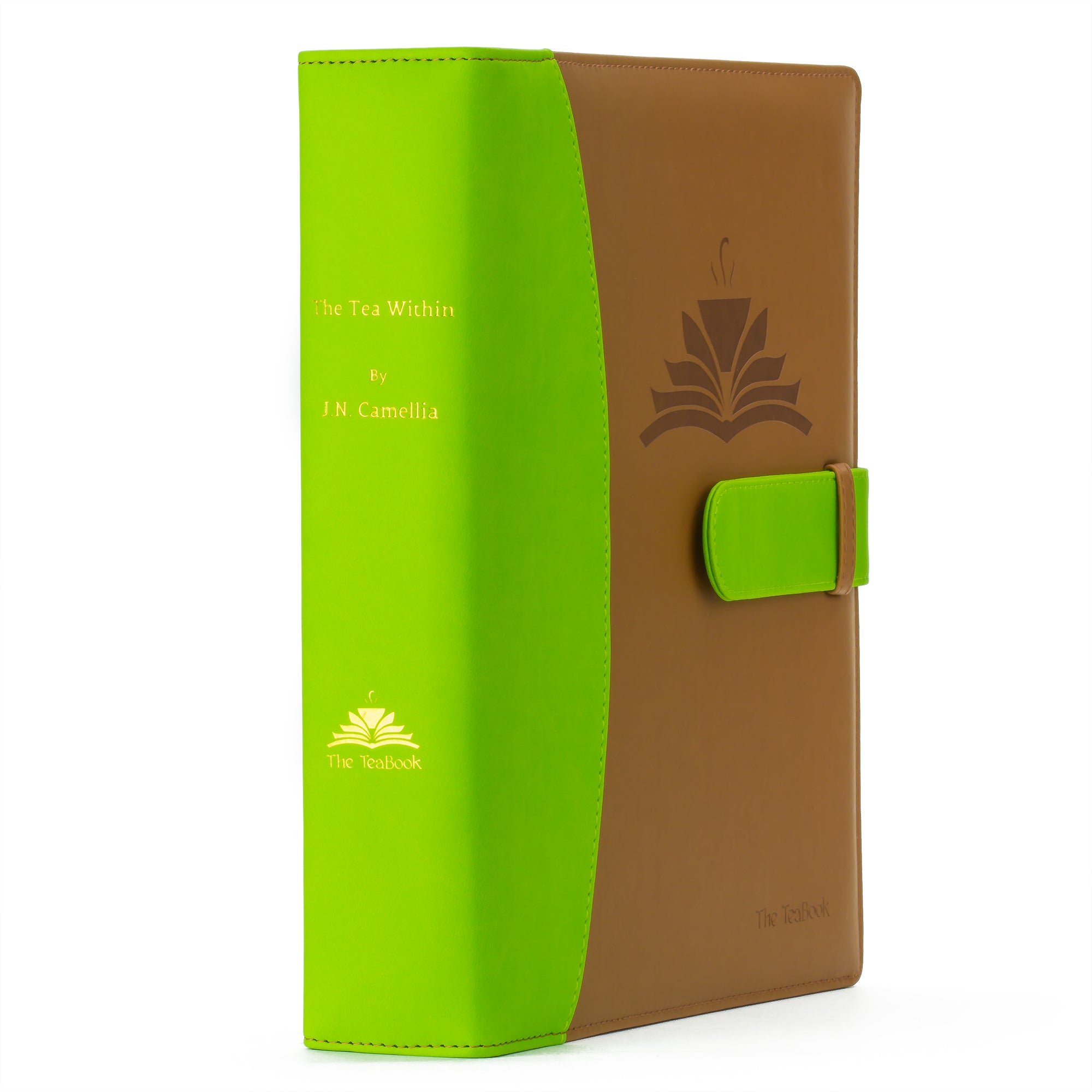 The TeaBook, a stylish tea storage organizer, showcasing its capacity to hold 144 teabags in a chic design.