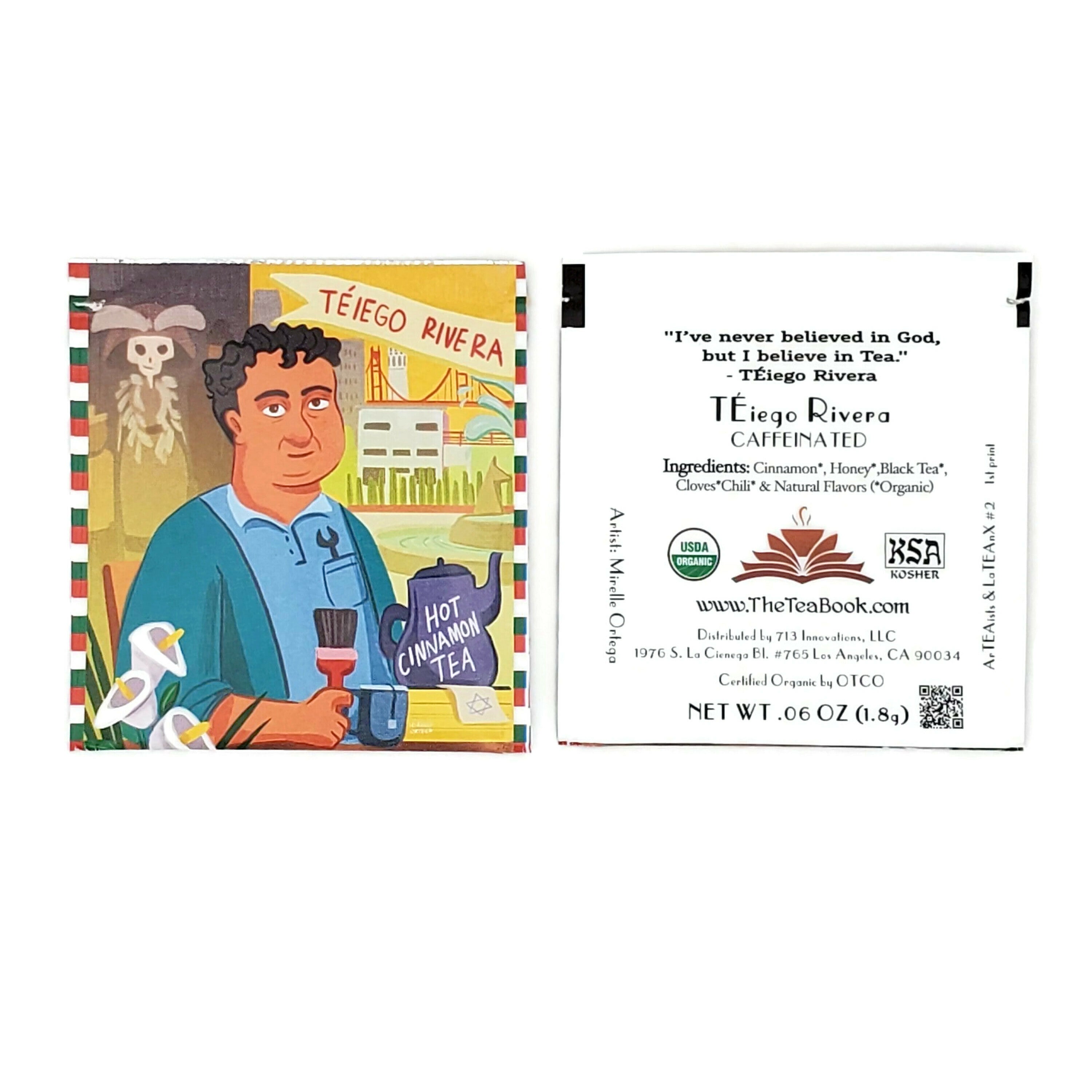 A beautifully designed package of TÉiego Rivera Hot Cinnamon Tea featuring artistic wrapper and eco-friendly packaging options.