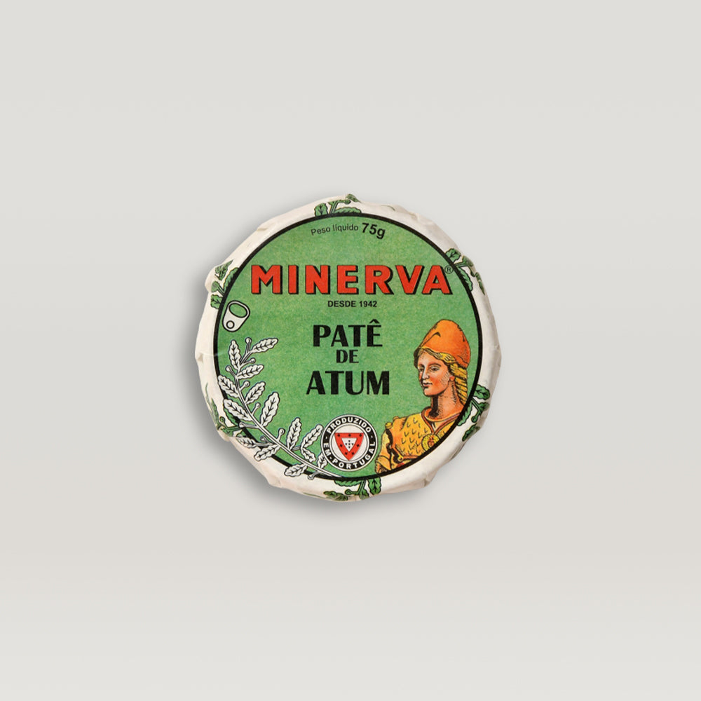 A jar of Minerva's classic Tuna Pâté, showcasing its creamy texture and rich color, perfect for spreading on bread.