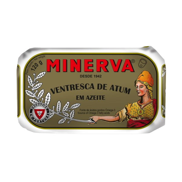 A can of Tuna Ventresca in Olive Oil showcasing the rich, velvety tuna belly in a golden olive oil bath.