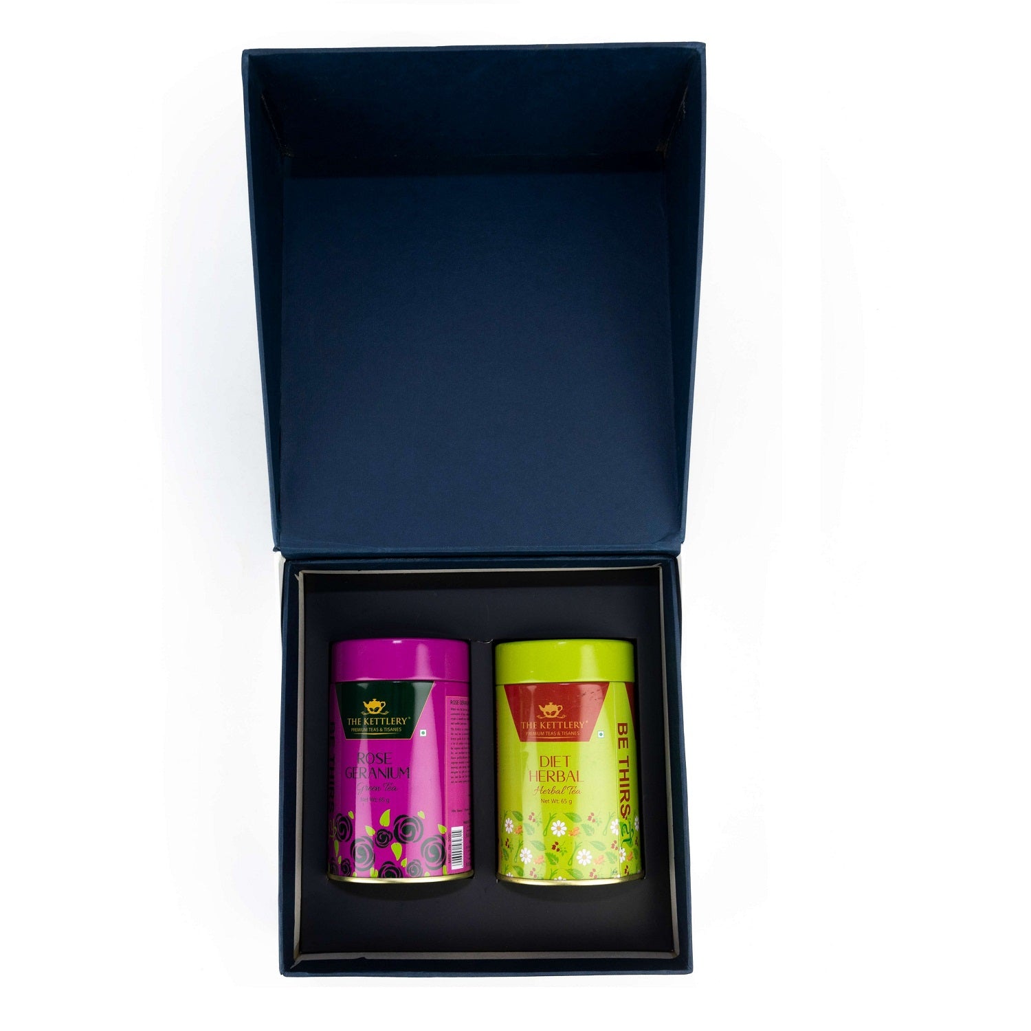 Twin Tea Gift Set featuring two premium tea tins in elegant packaging, customizable with various tea options.