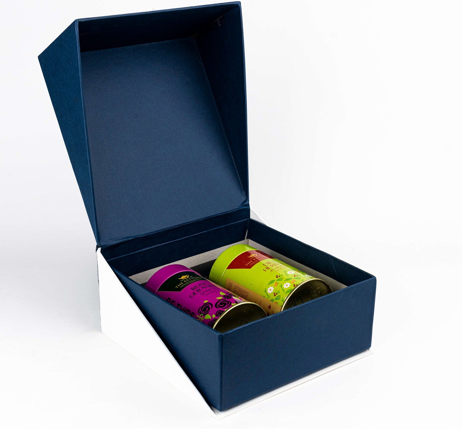 Twin Tea Gift Set featuring two premium tea tins in elegant packaging, customizable with various tea options.